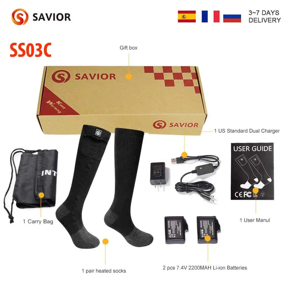 SAVIOR HEAT Rechargeable Heated Socks For Men and Women Electric Heated Socks Warm Foot Thermal Stocking with Battery Winter Ski