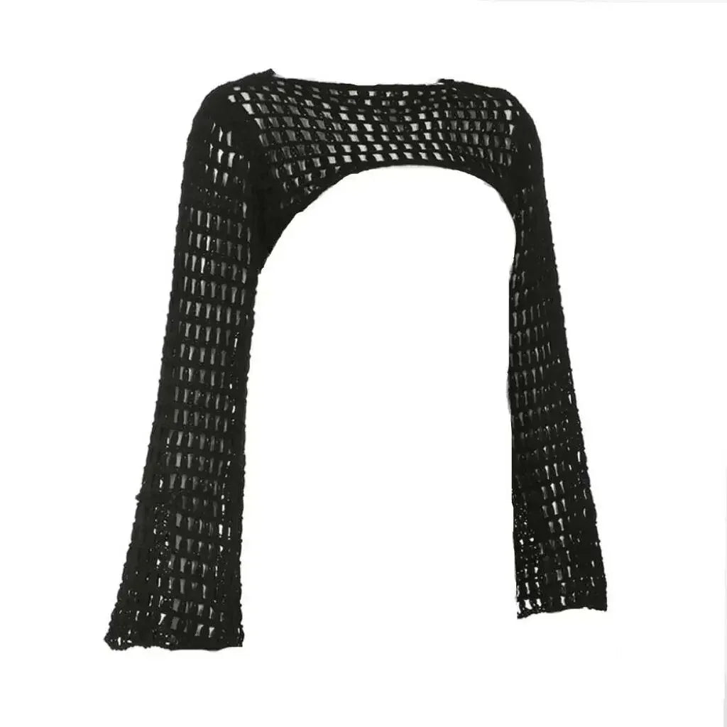 Women Crochet Knit Hollow Out Crop Top Long Flared Sleeve Shrug Sweater Mesh Cover Ups Cardigan Streetwear Pullover Women