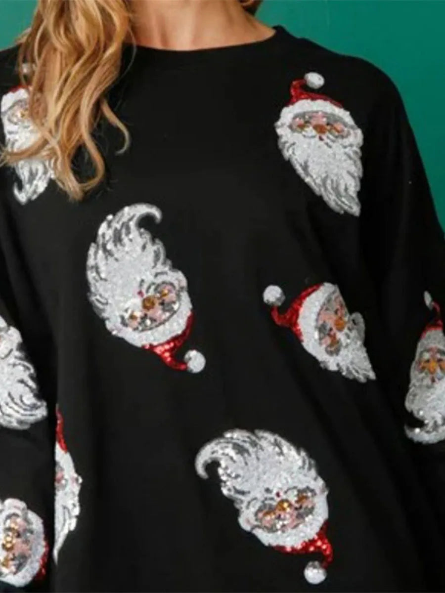 Women’s Crewneck Sweatshirt Loose Santa Claus Sequins Print Long Lantern Sleeve Tops for Christmas