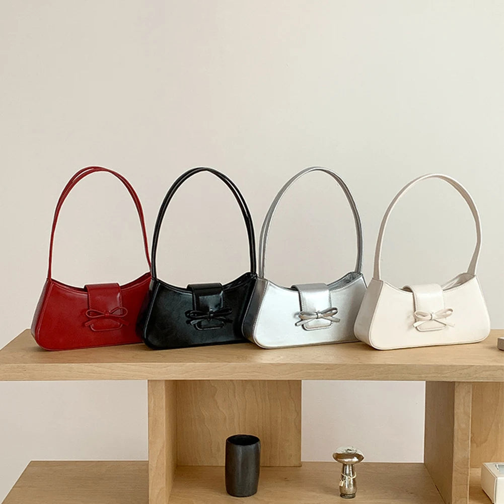 Sweet Bow Fashion Handbag PU Leather Everyday Purse with Zipper Closure Clutch Purse Trendy Underarm Bag for Women and Girls