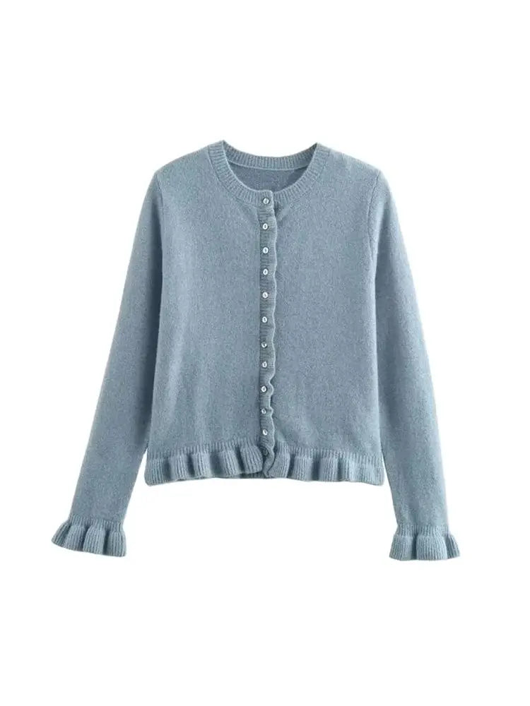 Women's Ruffled Knit Cardigan Sweater O-Neck Long Sleeve Chic Top with Front Buttons Fashion Outerwear