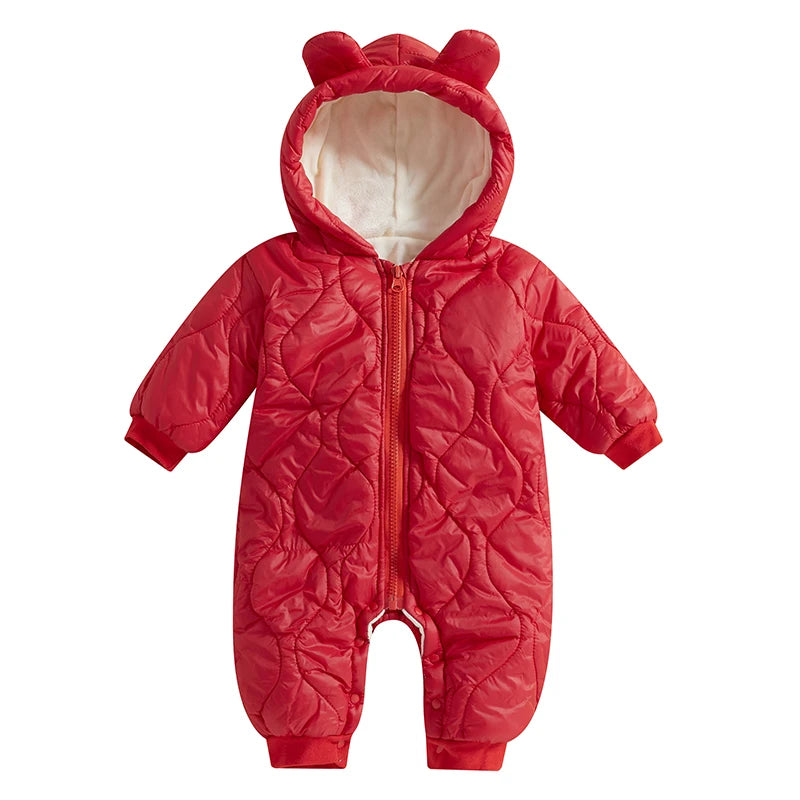 Infant Toddler Unisex Snowsuit Cozy Hooded Jumpsuit Winter Outerwear Puffer Coat with Zipper Closure and Long Sleeves