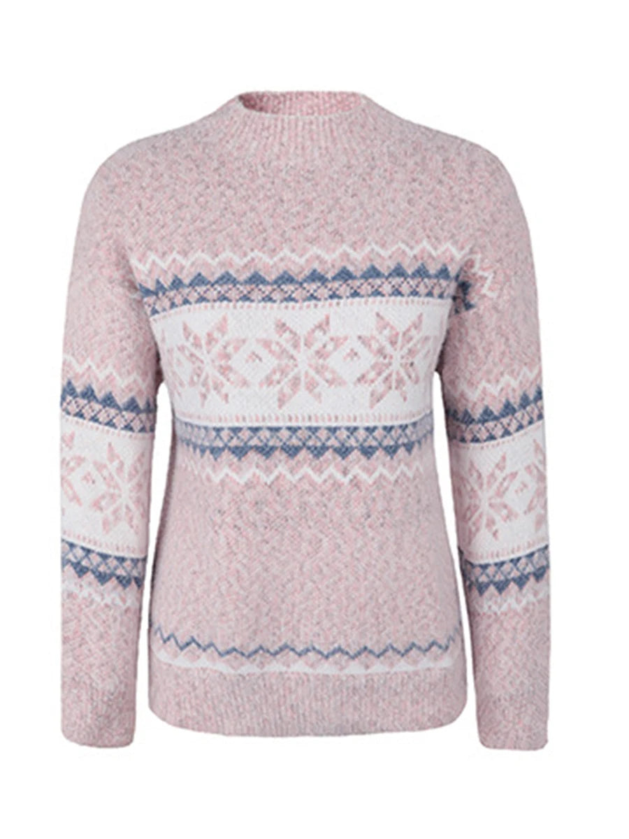 Women s Loose Christmas Sweater Cartoon Snowflake Print Long Sleeve Half High Neck Pullover Holiday Knitwear