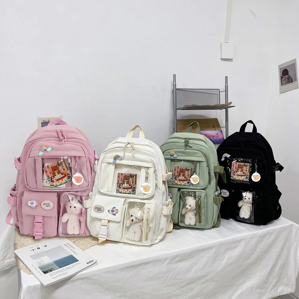 Laptop Backpack Fashion College Student Rucksack with Plush Pendant Pin Cute Kawaii Large Capacity Japanese Style for Teen Girls