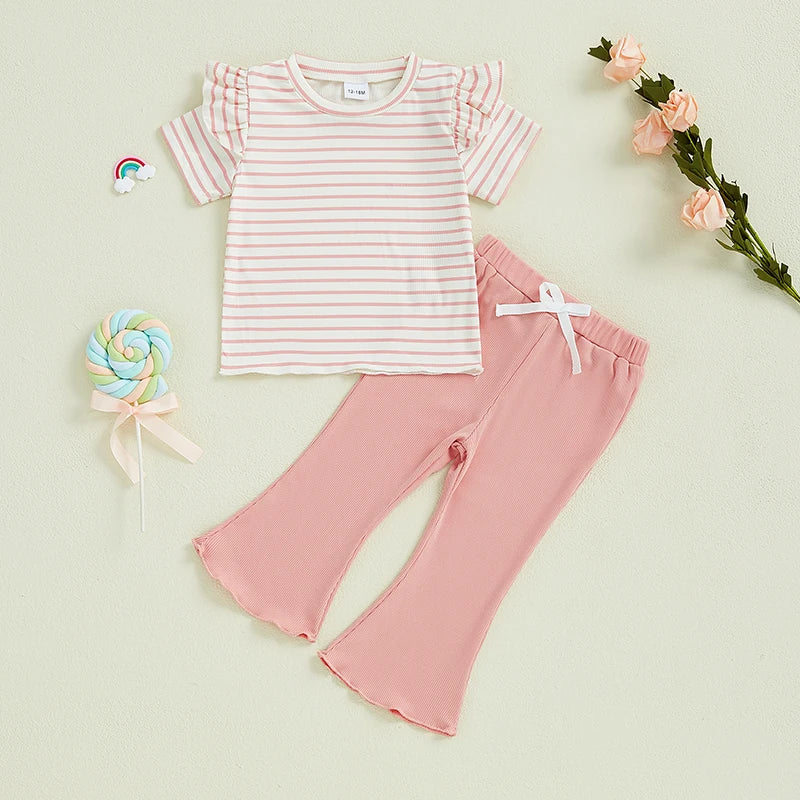 Girls Summer Outfits Lettuce Trim Striped Print Ruffles Short Sleeves T-Shirt with Elastic Flare Pants - Adorable Matching