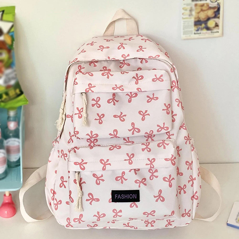 Bow Print Bookbag Preppy Travel Daypack Middle School Bag for Teen Girls