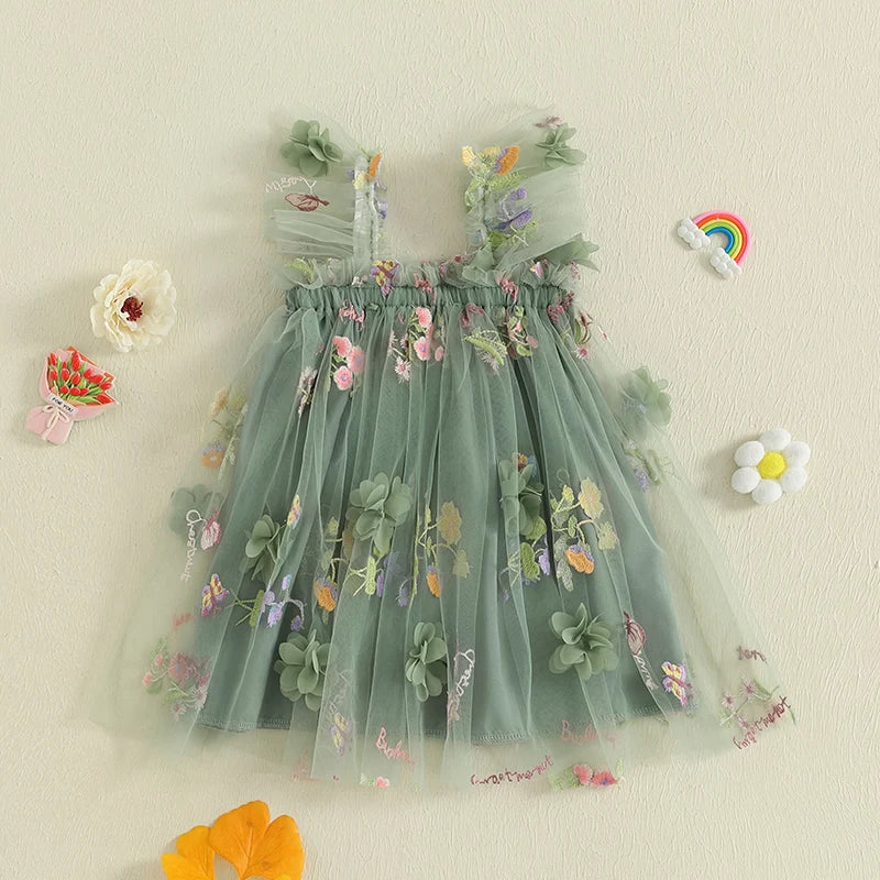 Toddler Girl Sleeveless Floral Embroidered Tulle Dress with Ruffle Square Neckline - Princess Party Dress for Baby Girl