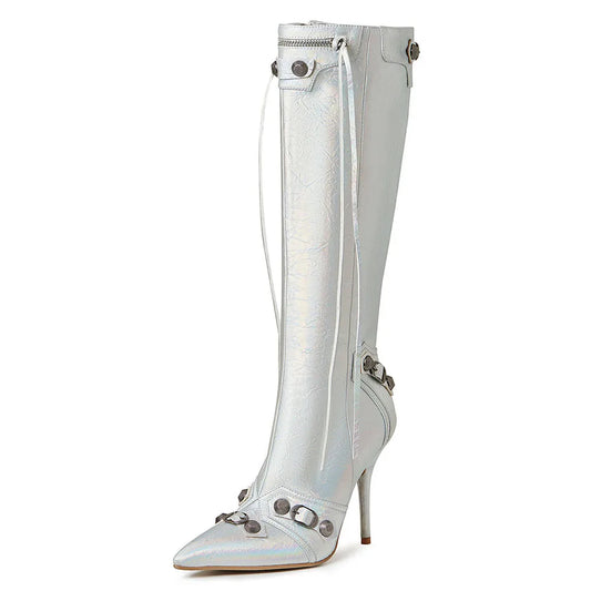 DoraTasia Stiletto High Heeled Women Knee High Boots Pointed Toe Back Zipper Tassel Matel Rivet Fashion Boots Street Snap Shoes