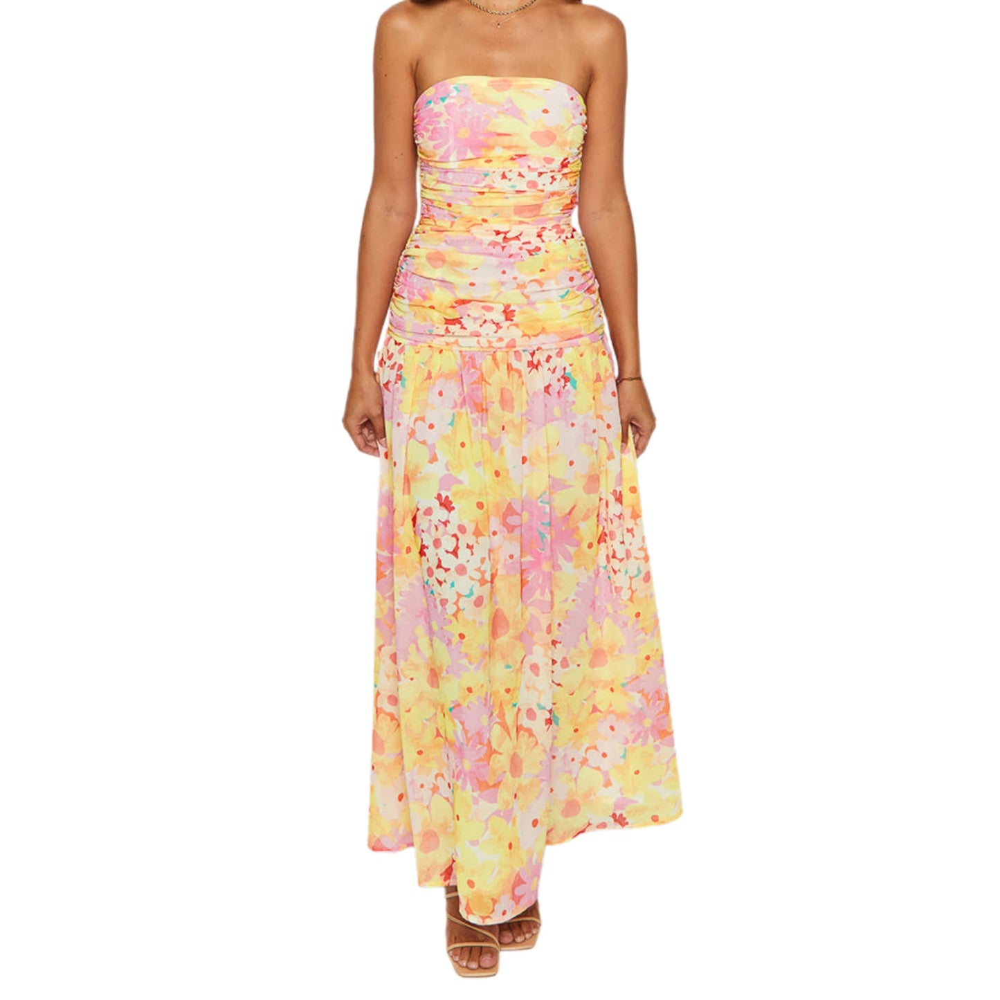 Women s Floral Print Maxi Dress Sleeveless V-Neck Empire Waist Summer Dress with Ruffle Hem and Adjustable Straps