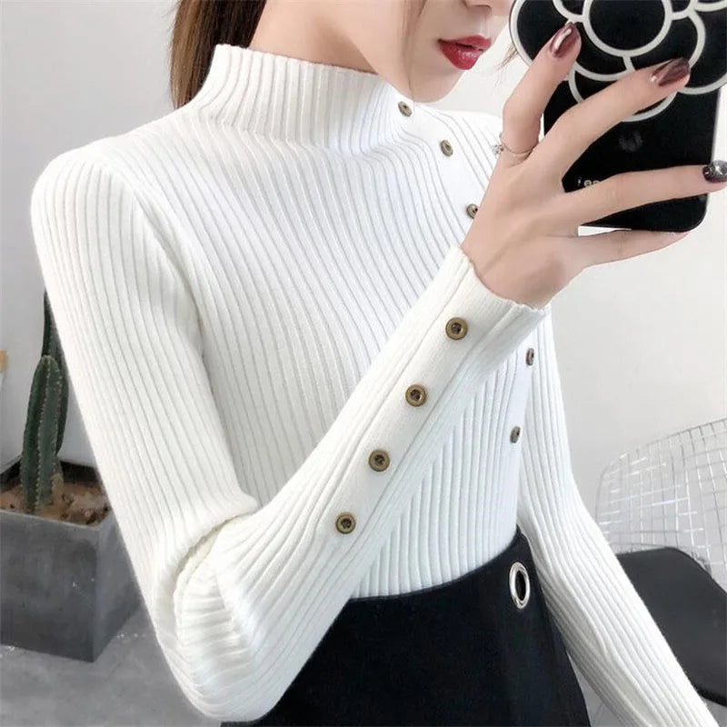 2025 Women Autumn Knitted Slim Sweaters Solid Knitted Female Cotton Soft Elastic Color Pullovers Button Full Sleeve Turtleneck