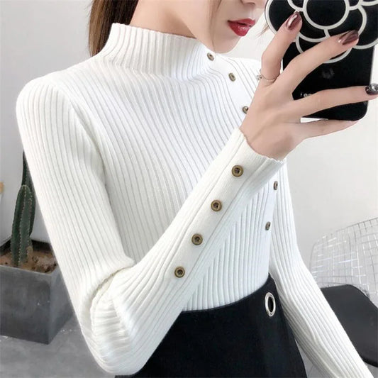 2025 Women Autumn Knitted Slim Sweaters Solid Knitted Female Cotton Soft Elastic Color Pullovers Button Full Sleeve Turtleneck