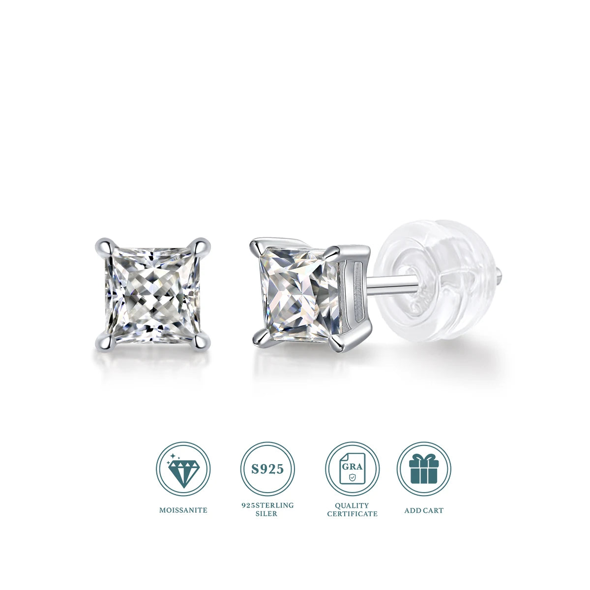 JIUZUAN 2pcs/pair S925 Moissanite Square Lab Created Stud Earrings, Men's Hip Hop Jewelry, Christmas Gifts