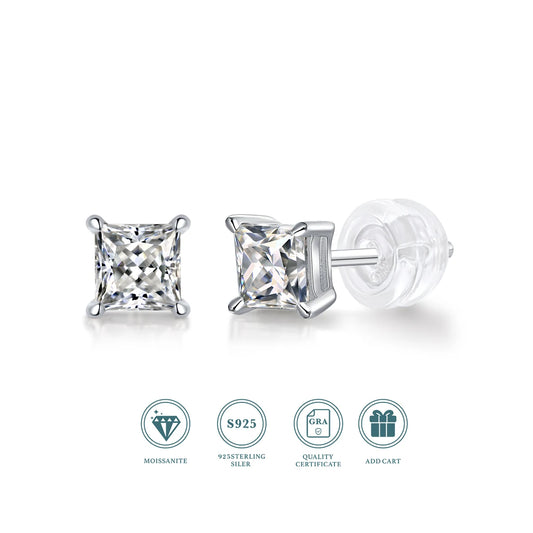 JIUZUAN 2pcs/pair S925 Moissanite Square Lab Created Stud Earrings, Men's Hip Hop Jewelry, Christmas Gifts