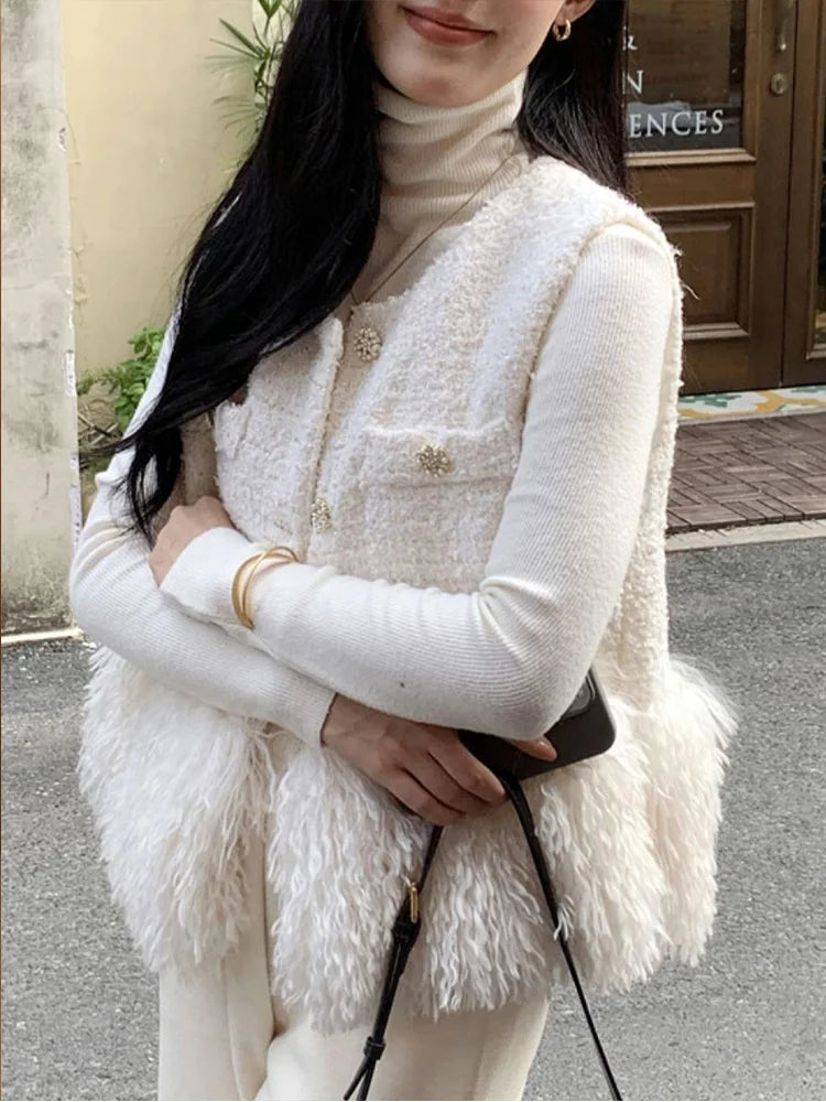 White sleeveless vest small coat elegant casual autumn and winter fashion tassel vest top short style gentle style for women