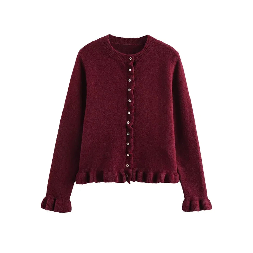 Women's Ruffled Knit Cardigan Sweater O-Neck Long Sleeve Chic Top with Front Buttons Fashion Outerwear