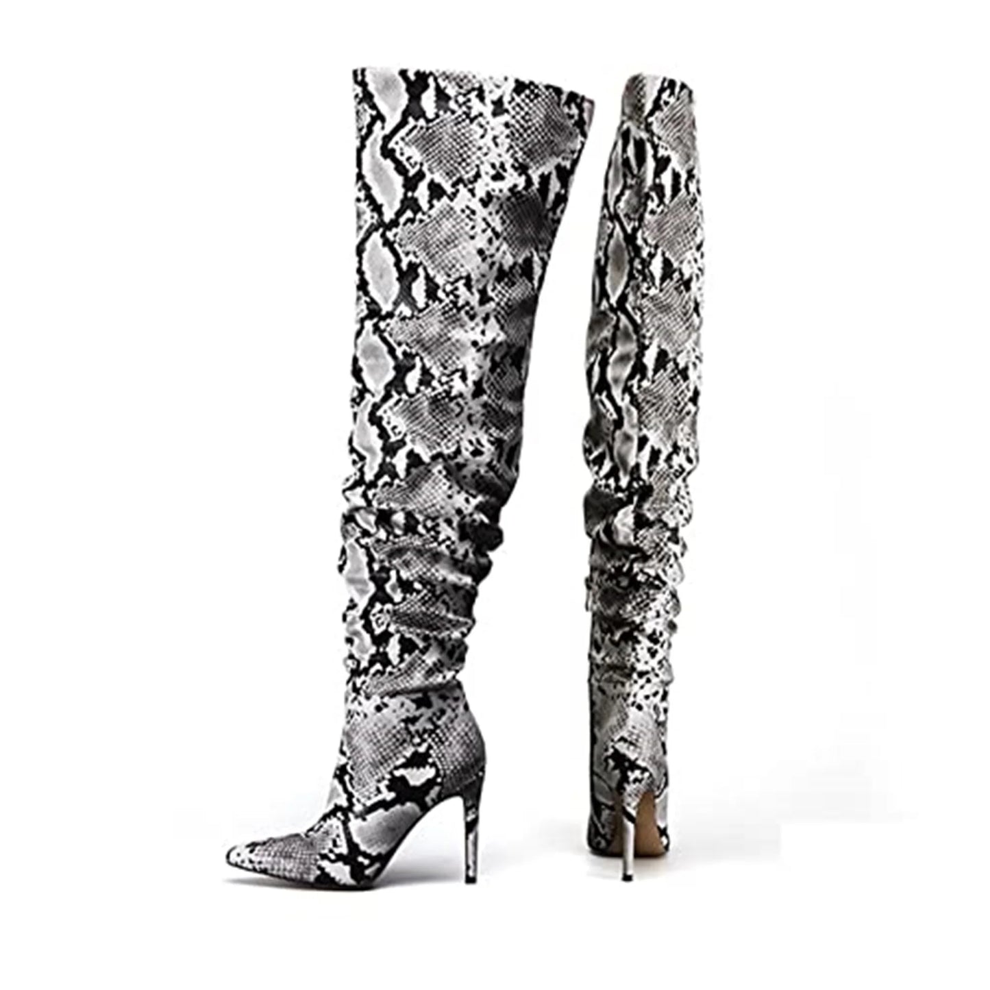 Snakeskin Boots knee high boots women Sexy Stunning and Stylish Exquisite Pointed Toe Fine High Heels Pleated
