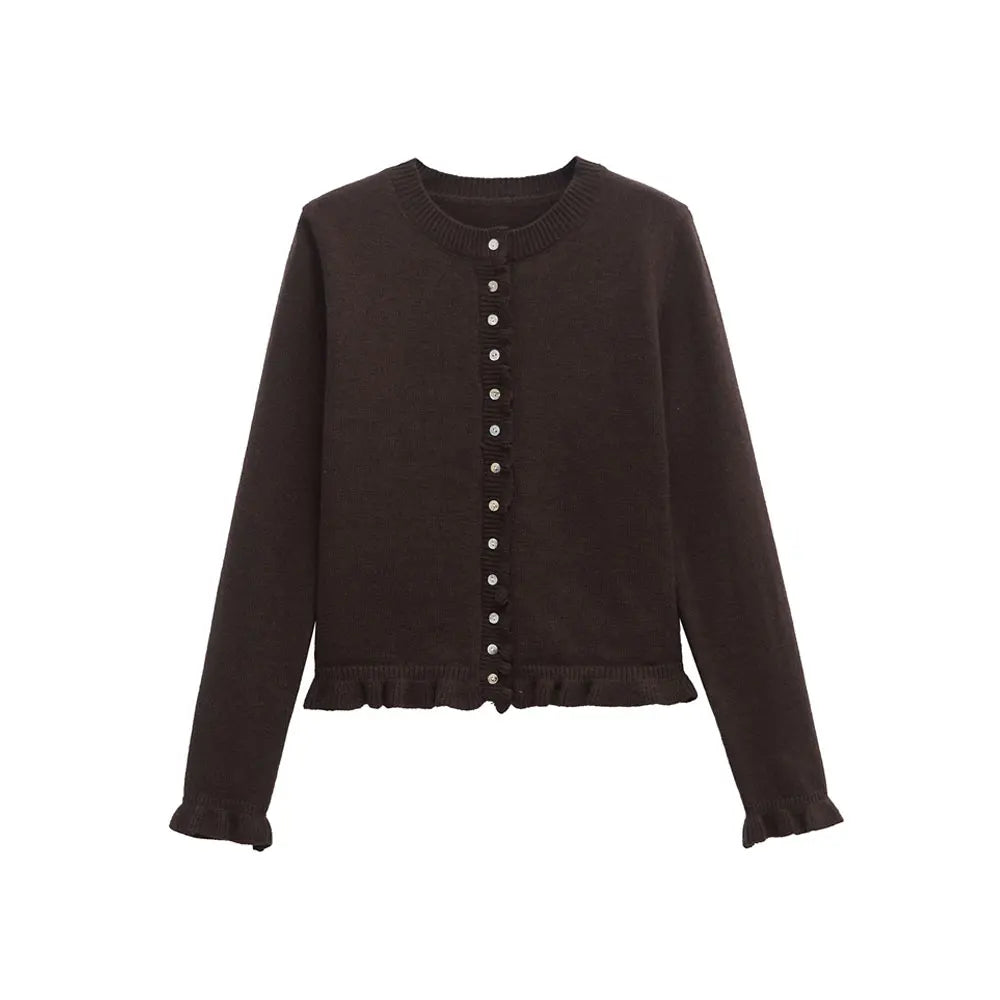 Women's Ruffled Knit Cardigan Sweater O-Neck Long Sleeve Chic Top with Front Buttons Fashion Outerwear