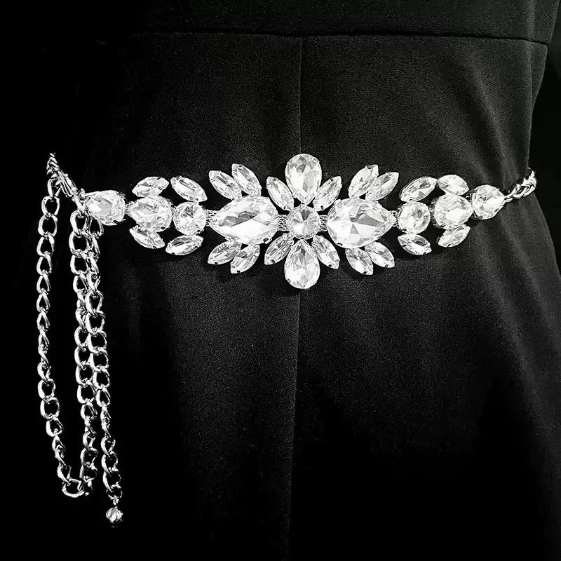 Artificial Crystal Embellished Metal Waist Chain Fashion Women Belt Luxury Rhinestone Body Jewelry Party Evening Dinner Accessor