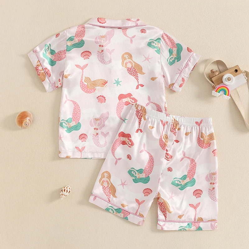 Girls Pajamas Set with Cute Unicorn Print and Matching Elastic Shorts for Comfortable Loungewear and Sleepwear