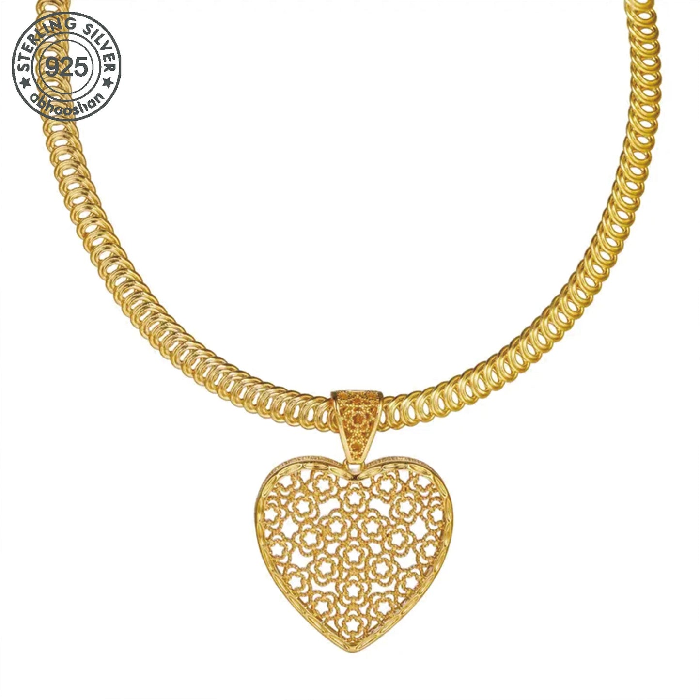 925 Silver, 2 Piece Elegant 18K Gold Plated Jewellery Set - Boho Chic Heart Pendant Necklace and Matching Earrings, Anti-Allergy