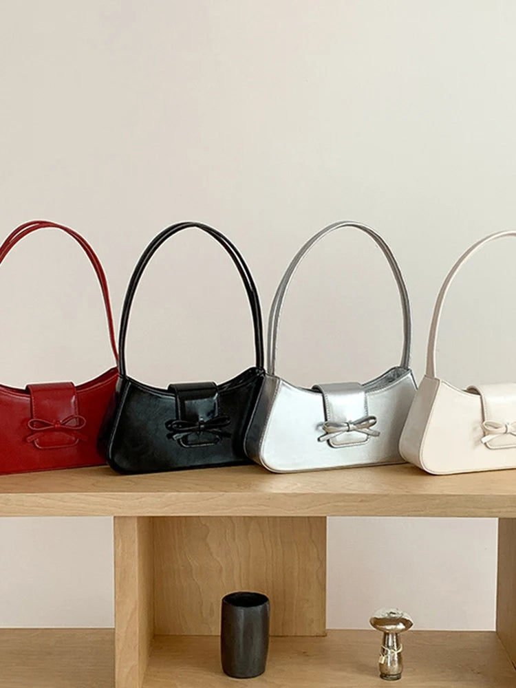 Sweet Bow Fashion Handbag PU Leather Everyday Purse with Zipper Closure Clutch Purse Trendy Underarm Bag for Women and Girls