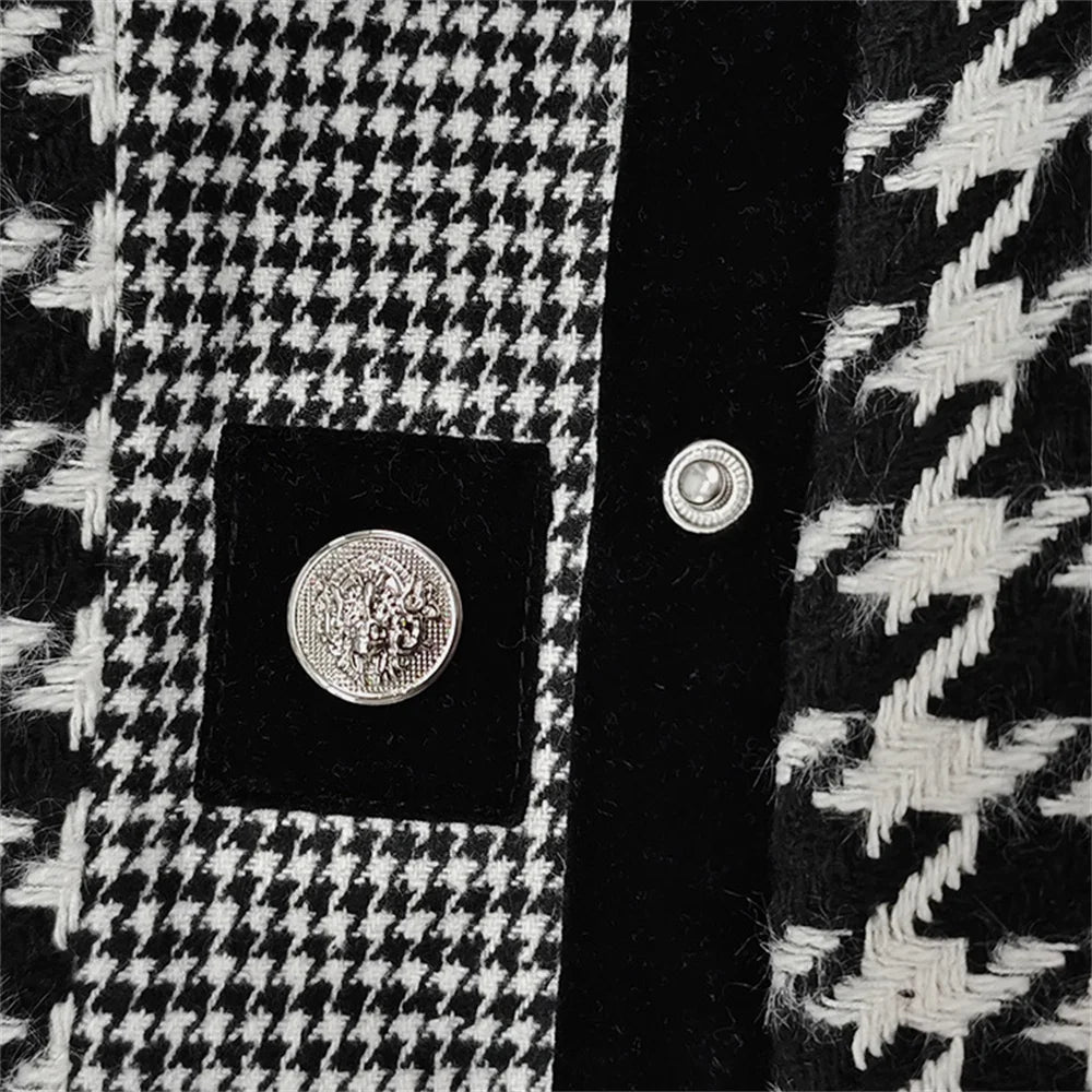 Women's Houndstooth Outerwears & Jacket Stand Collar Long Sleeves Autumn Winter Fall Clothes 2024 Women Classics Coat