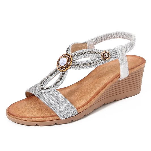 Women'S Thick-Soled Sandals Wedge-Heeled Beach Shoes Fashionable Rhinestones Comfortable Trendy Casual Shoe High Heels