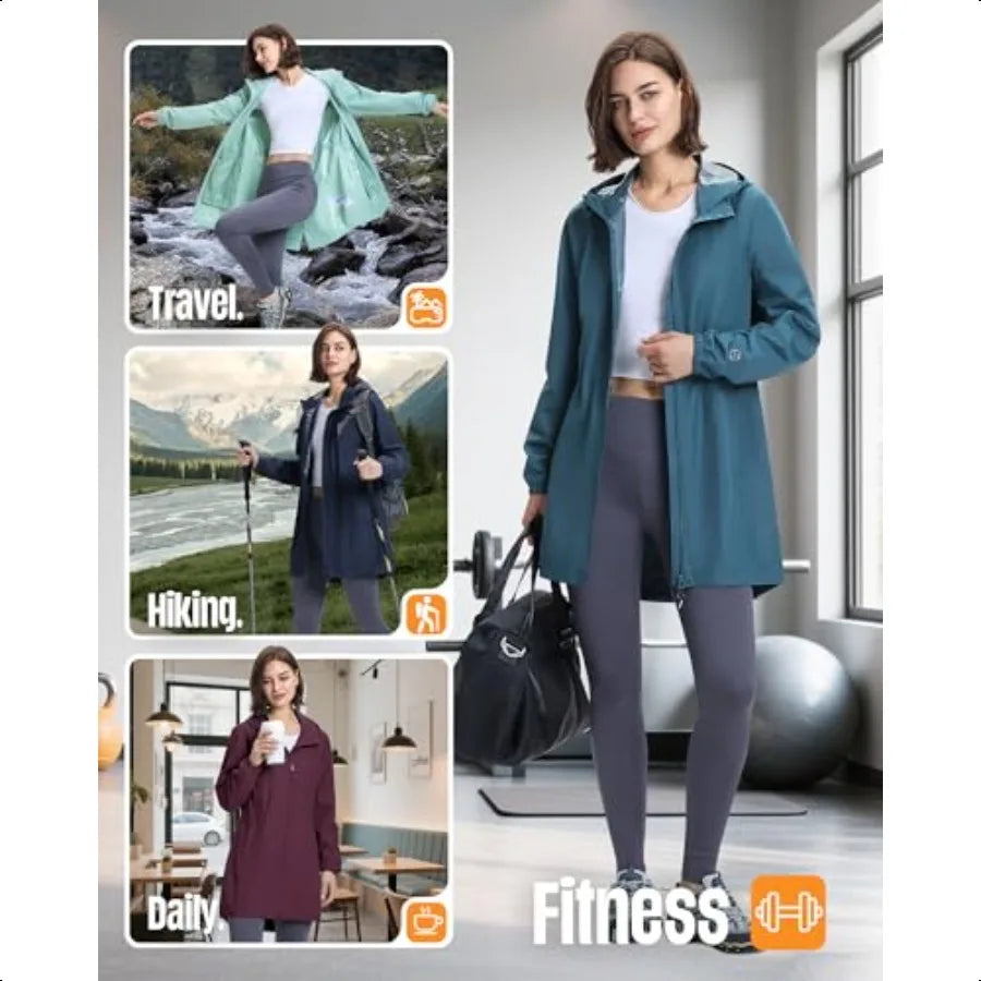 Outdoor Ventures Women's Waterproof Long Rain Coats Packable Lightweight Rain Jacket With Hood Windproof Trench Coats