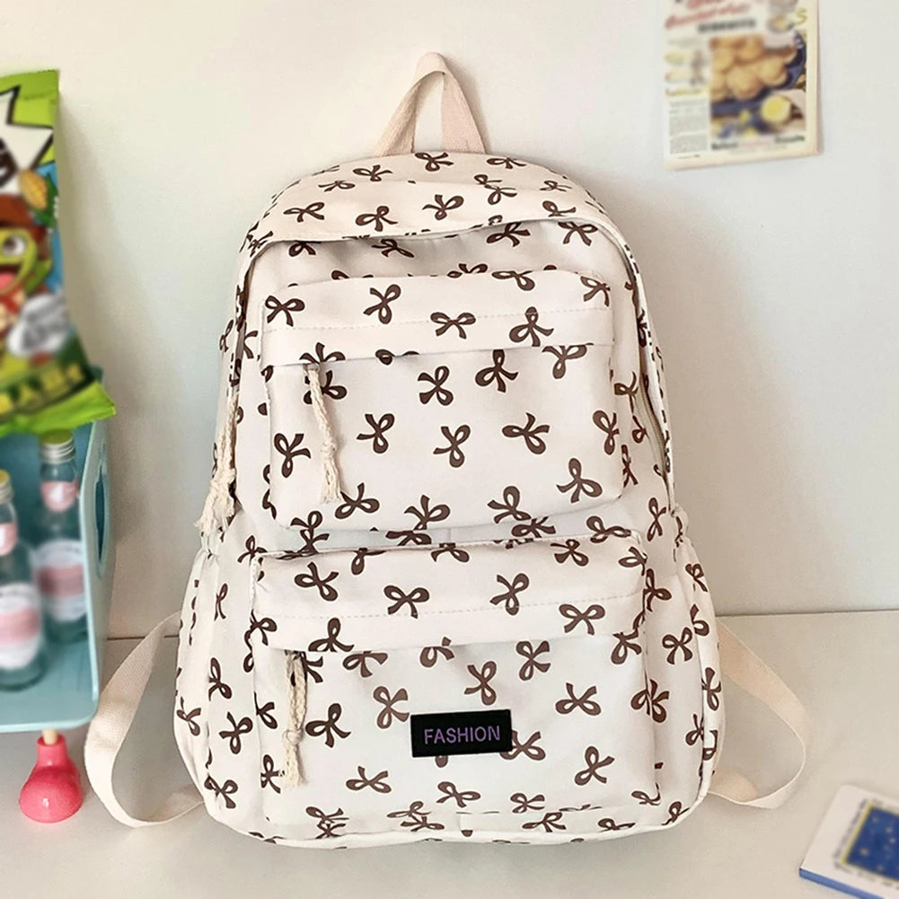 Bow Print Bookbag Preppy Travel Daypack Middle School Bag for Teen Girls