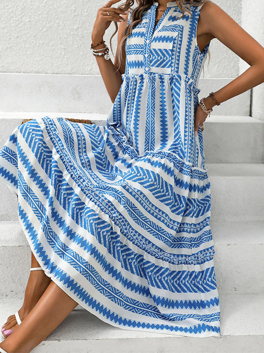 Elegant Floral Print Sleeveless Dress with V-Neck and Button Detail for Women s Summer Beach Party or Streetwear Club