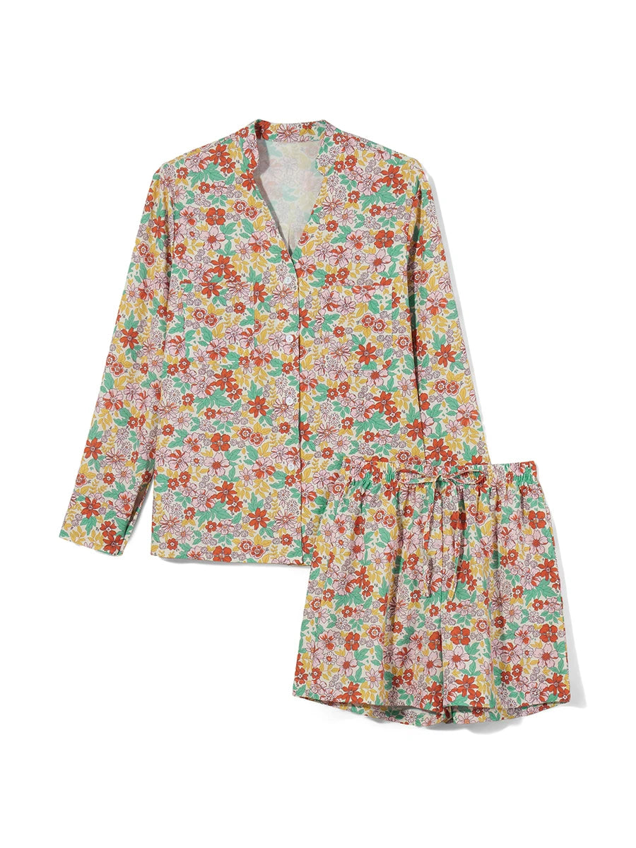 Women s 2 Piece Pajama Set Long Sleeve Button Up Floral Tops Drawstring Shorts Sleepwear Sets