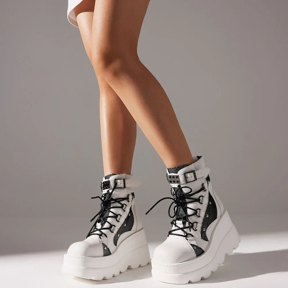 DoraTasia Punk Ankle Boots Platform Back Zipper Buckle Round Toe Lace-up Chunky High Heeled Shoes Mixed-color Motorcycle Boots