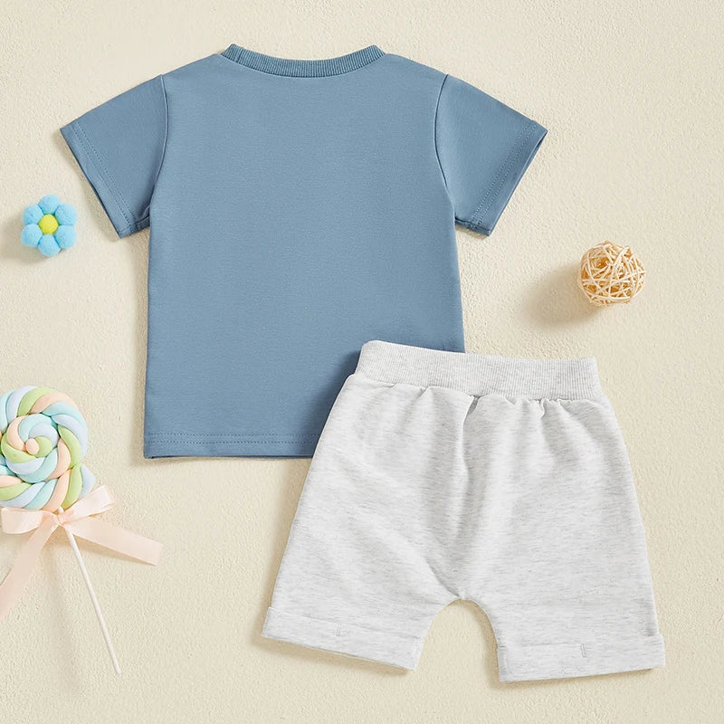 Boys Summer Outfits Cute Letter Print T-Shirts with Elastic Waist Shorts - 2-Piece Set for Toddler Boys
