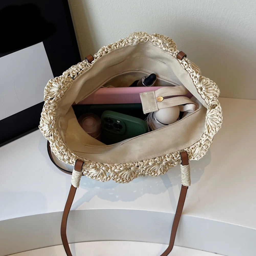 Women Seaside Knitting Beach Bag Large Capacity Hand Woven Tote Bag Wear Resist Crochet Handbag Travel Shopping Party Bag