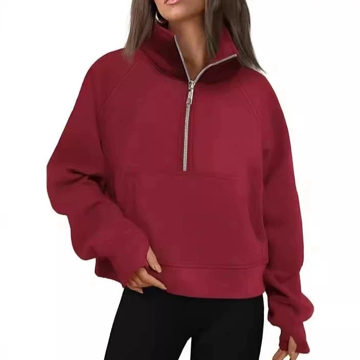 New Women's Spring Autumn Winter Stand Collar Plus Fleece Solid Color Hoodie Long Sleeve Pocket Loose Half Zip Pullover Hoodie