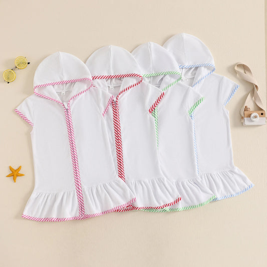 Kids Girl Hooded Beach Coverup Stripe Print Loose Fit Short Sleeve Zipper Bathrobe for Summer