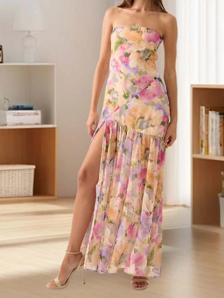 Women s Floral Print Off Shoulder Maxi Dress with Sleeveless Bandeau Top for Summer Beach Vacation