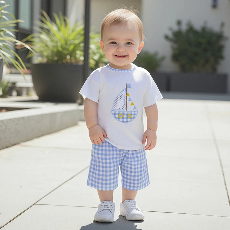 Adorable Infant Boy Nautical Theme Outfit with Anchor Applique Tee and Striped Shorts Set for Summer Fun