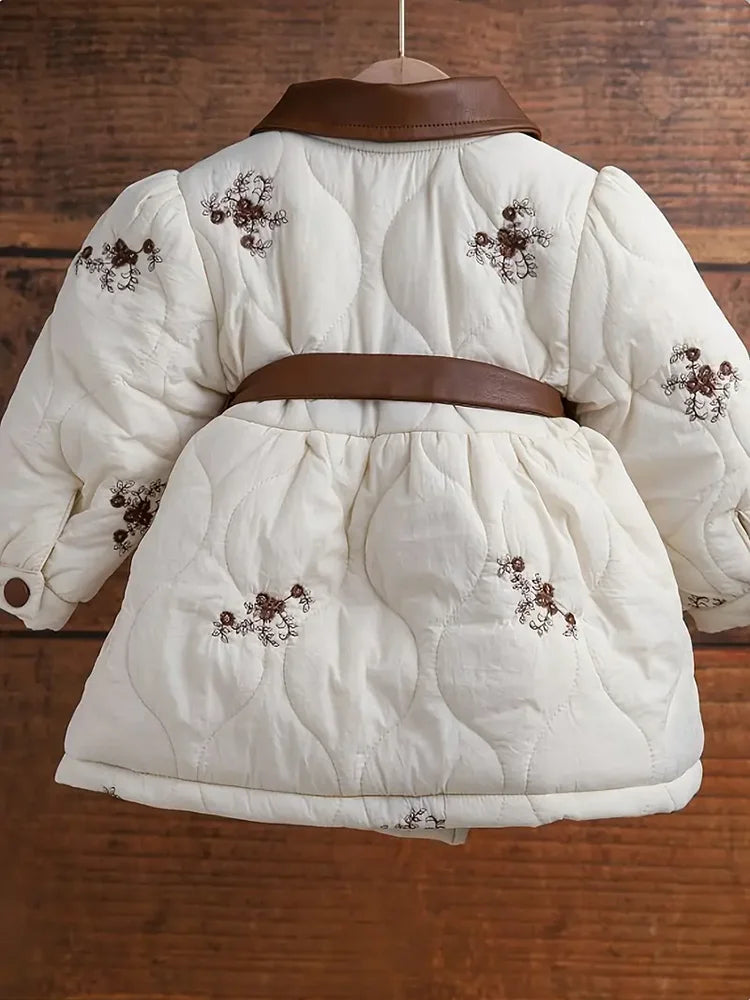 2024 New Fashion Winter Jacket Girl Long Coats PU Collar Belt Cotton Padded Velvet Warm Outerwear Clothes For Children Kids 2-6Y