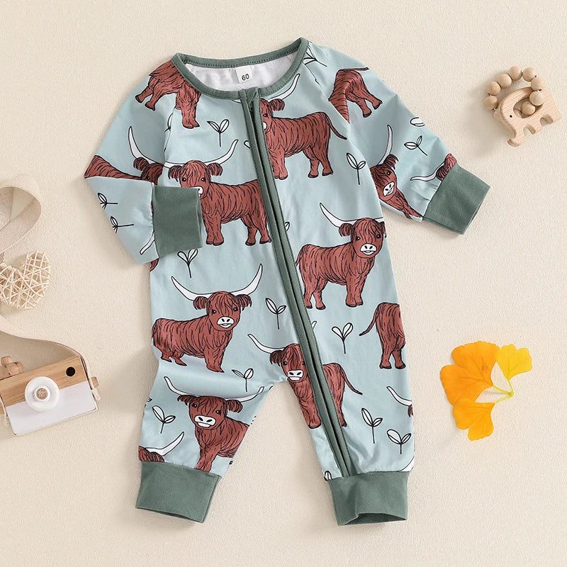 Infant Toddler Cow Print Round Neck Long Sleeve Zip-Up Western Romper Jumpsuit for Autumn - Unisex Baby Full Length Outfit