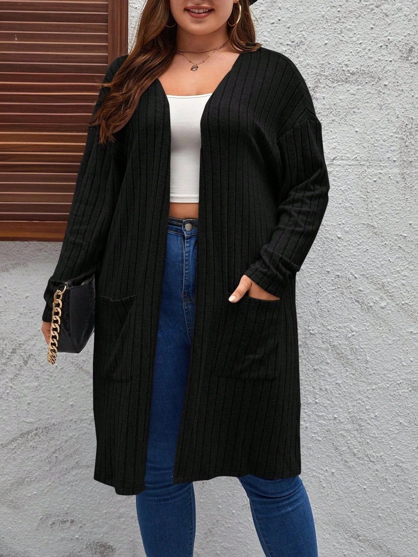 Plus Size Women's Casual Jacket Fashionable Long Sleeved Cardigan Simple Solid Color Pocket Commuting Women's Jacket