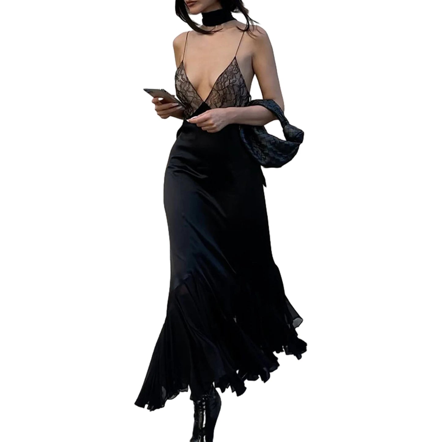 Women’s Elegant Long Slip Dress Sleeveless Spaghetti Strap V-Neck Lace  Fit Fish Tail Dress for Party