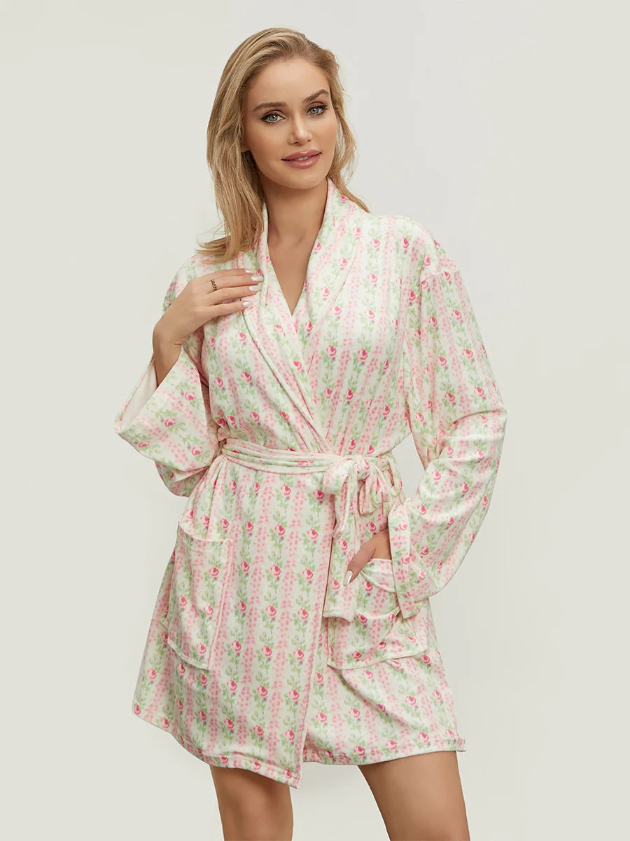 Women s Elegant Floral Print Long Sleeve Belted Robe with Lapel Collar and Convenient Pockets for Spring and Autumn Nights