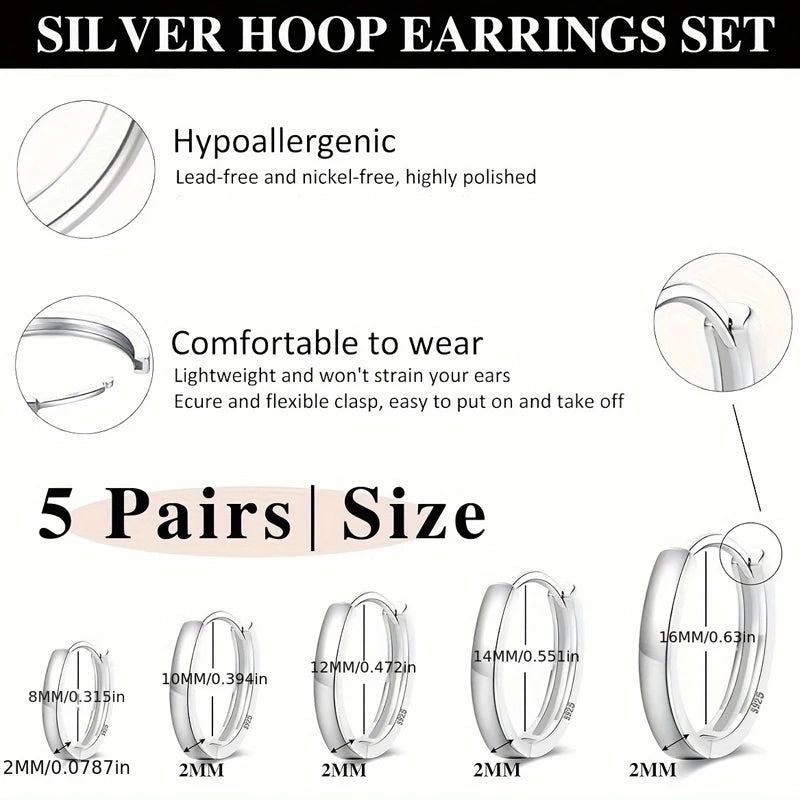 5 Pairs Of Women'S Silver Hoop Cartilage Earrings Set, Suitable For Multiple Ear Holes, Suitable For Daily, Party, Festival, Wed