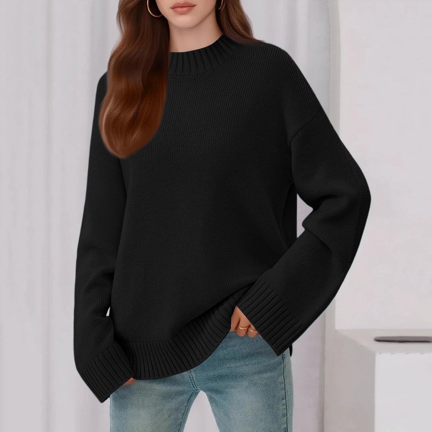 Womens Loose Round Neck Solid Color Bell Sleeve Long Sleeve Knitted Sweater Top Ropa De Mujer Sweater De Mujer Pull Femme