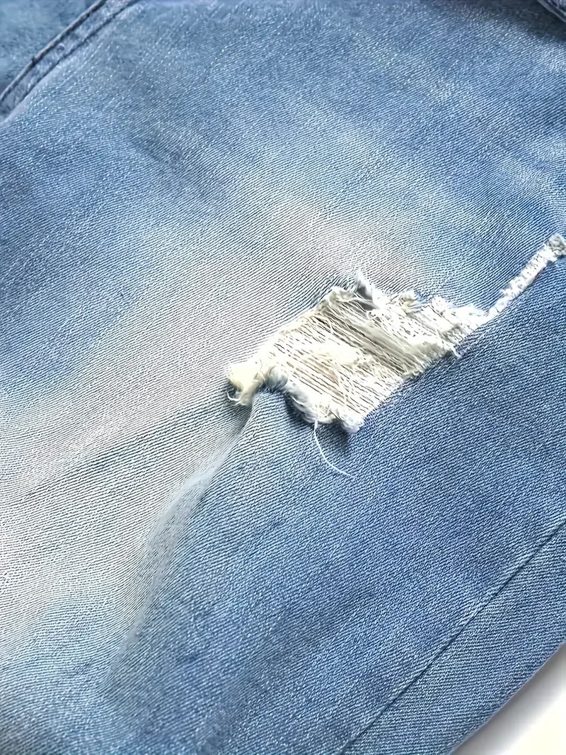 Men'S Slim Fit Distressed Jeans - Stretch Denim, Ripped Detail, Mid-Rise, Street Style, Light Blue, All-Season Casual Wear, Stre