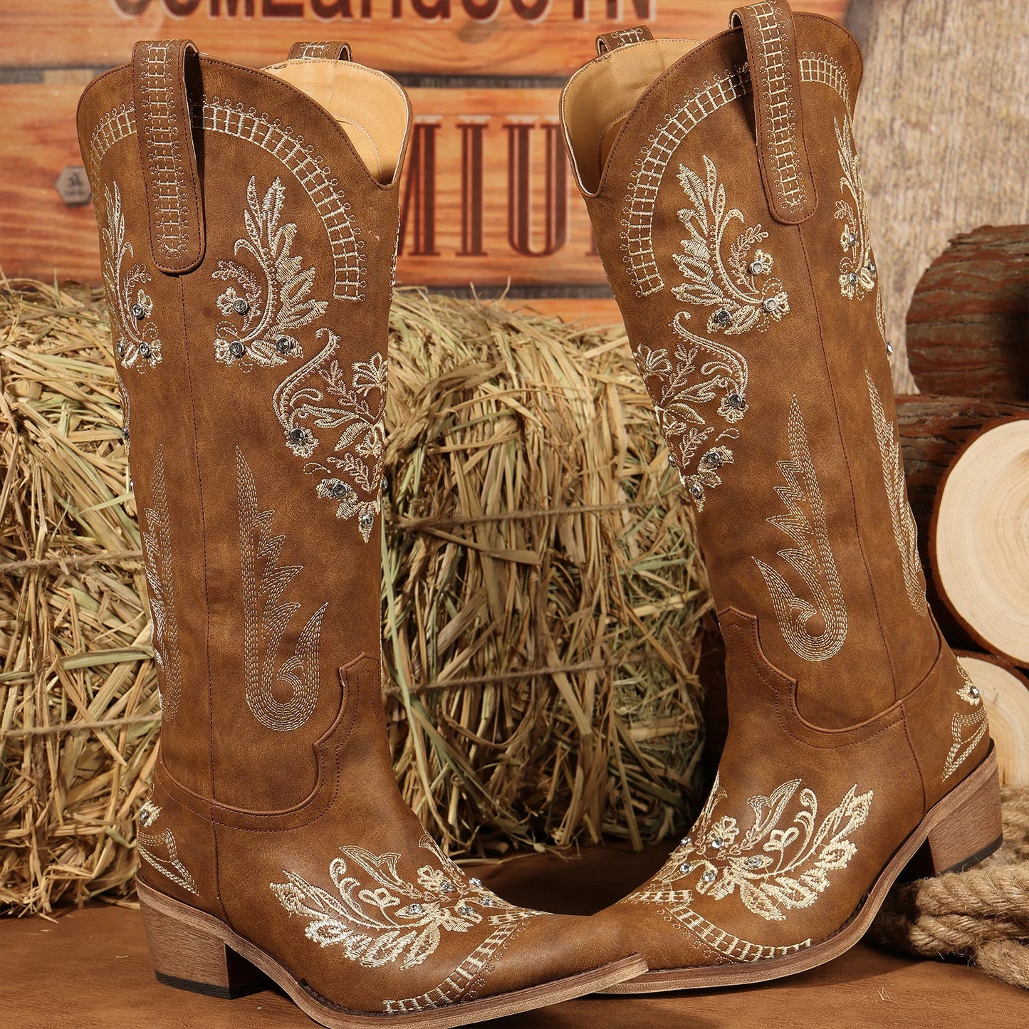 Cowboy Boots for Women - Wide Calf Knee High Western Cowgirl Boots, Sparkly Rhinestone Retro Country Boots Brown