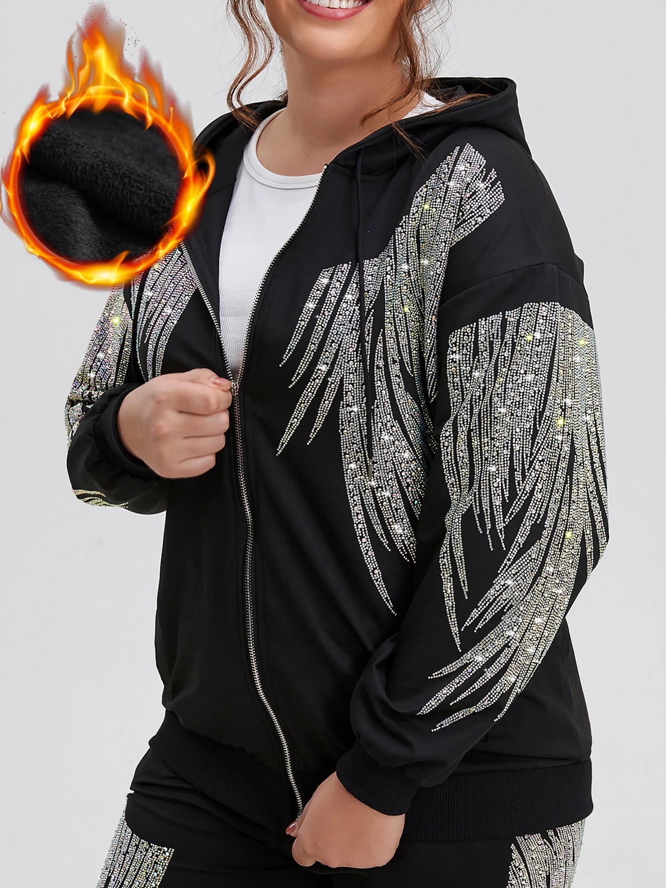 Plus Size Zip Up Women Hoodies Fleece Rhinestones Graphic Jacket Warm Soft and Thick for Winter Hooded Sweatshirt Relaxed Fit