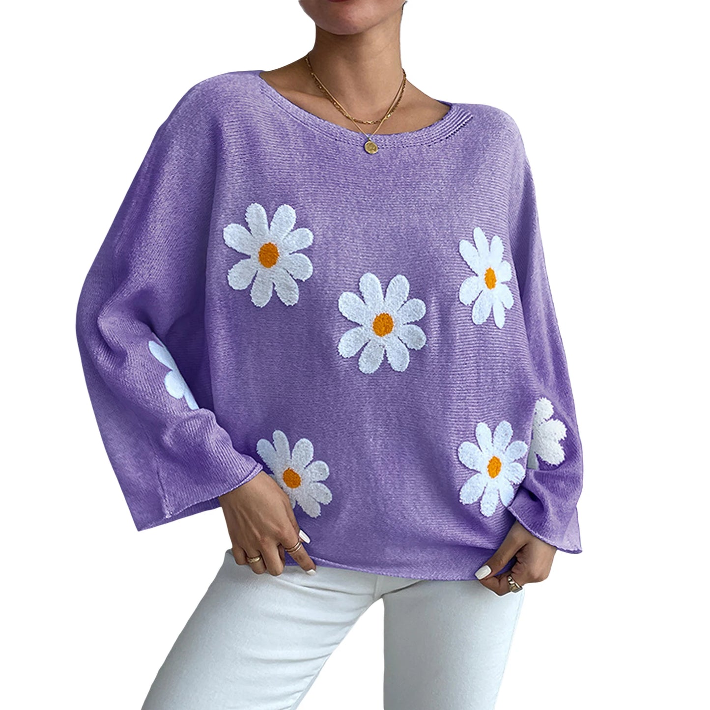 Women Loose Knit Sweater Sweet Flower Embroidered Long Sleeve Boat Neck Pullovers Spring Fall Casual Jumpers Tops