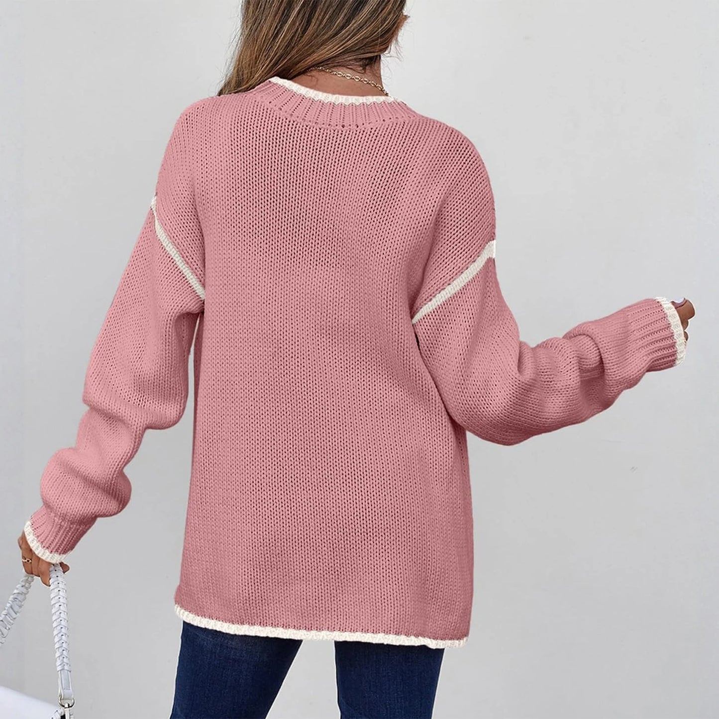 Women'S Fashion Color Blocked Round Neck Long Sleeved Knitted Sweater Pullover Sweater Top Winter Clothes Woman Ropa De Mujer